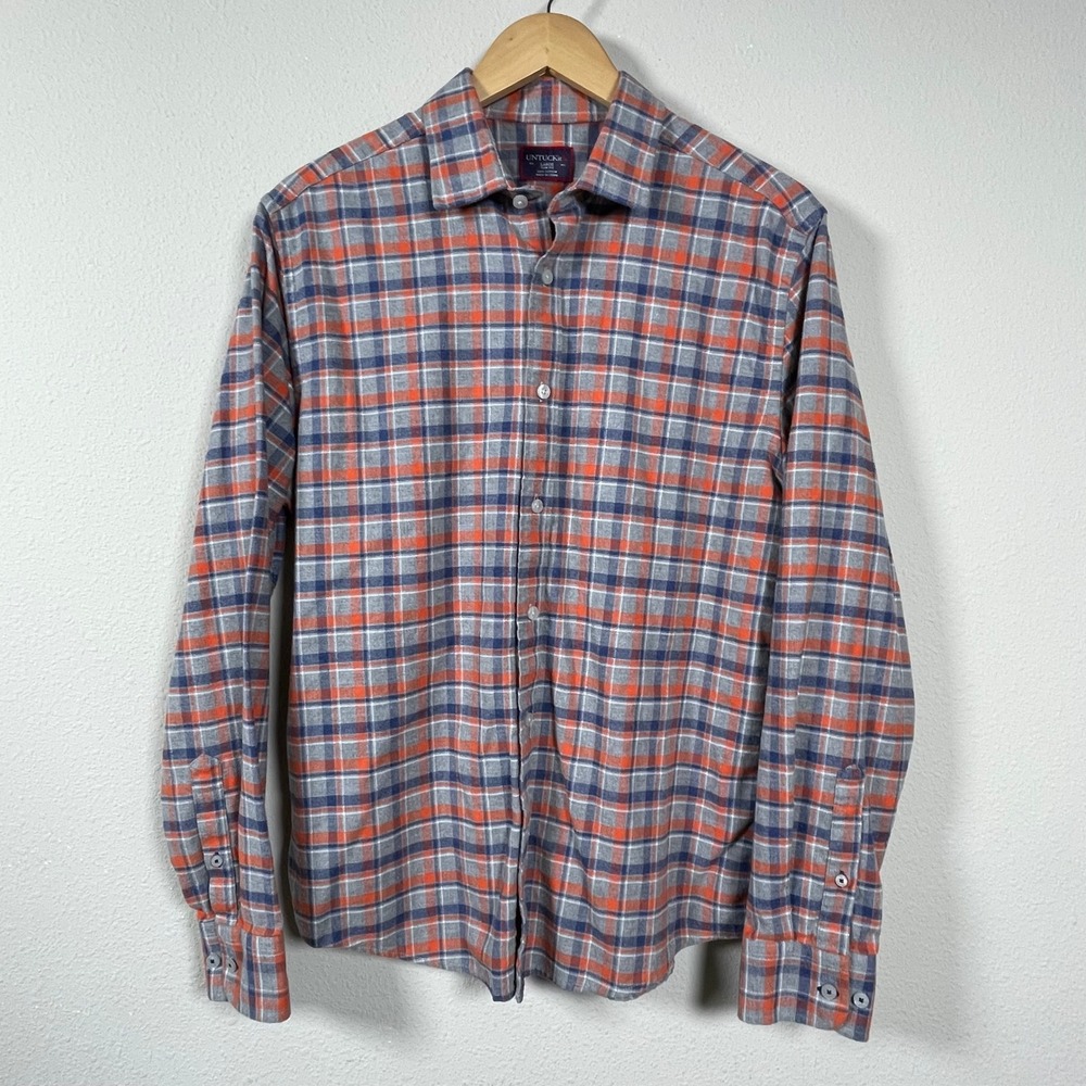 UNTUCKit Flannel Shirt Mens L Orange Grey Plaid Slim Fit Gorpcore Button‎ Down